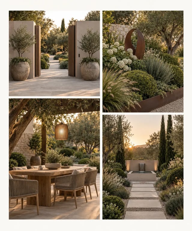 Décoration de jardin originale organisée en quatre scènes avec sculpture, lanterne et fontaine