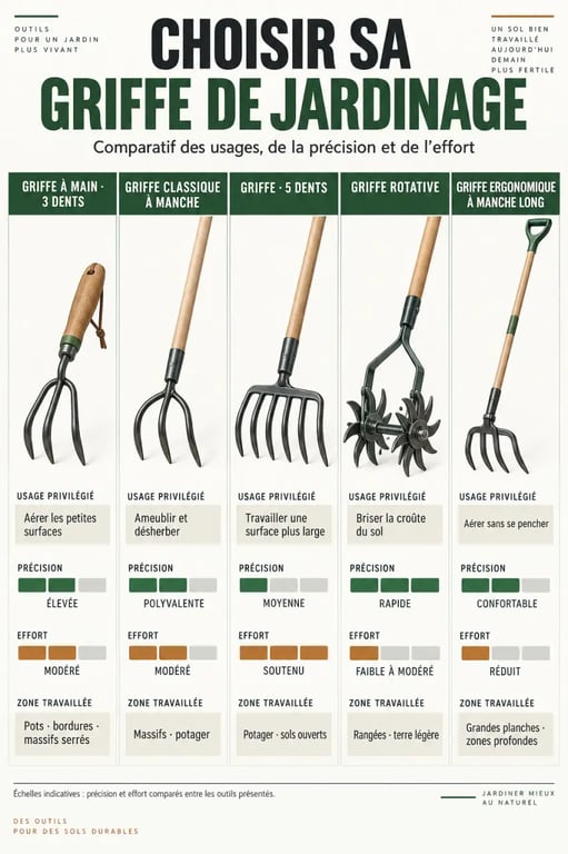 Infographie comparative des griffes jardinage selon l’usage, l’effort et le type de sol