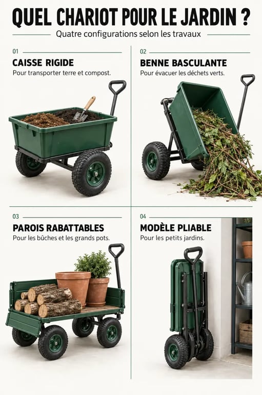Infographie des types de chariot pour jardinage et de leurs usages