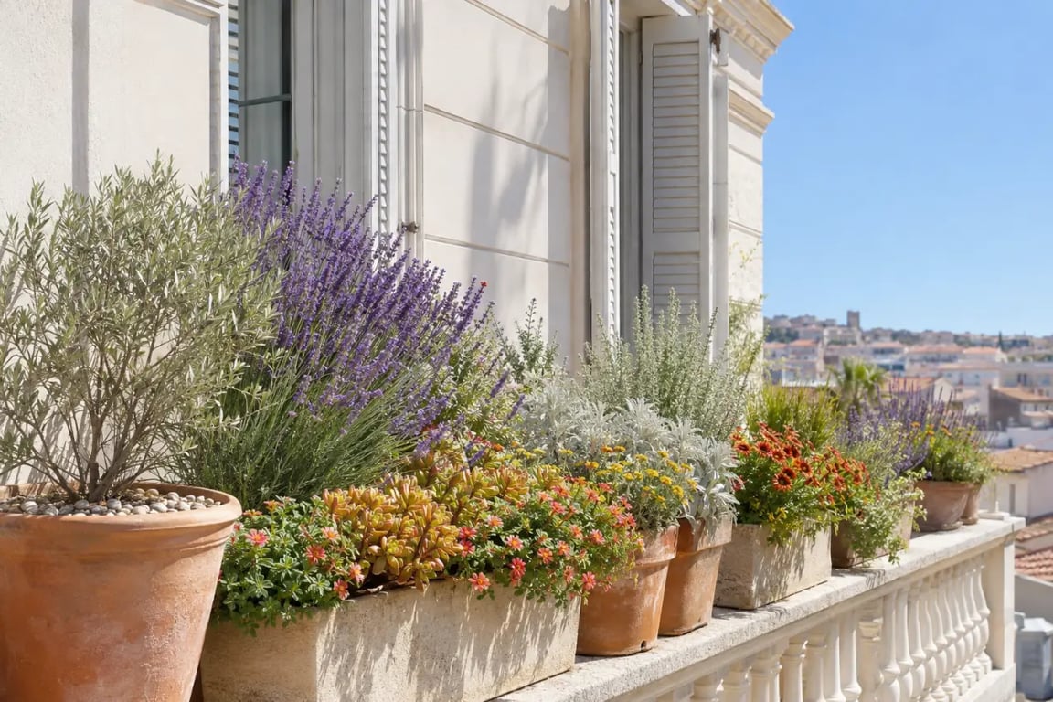 Plantes plein soleil sans arrosage sur un balcon avec lavande, santoline et sedums