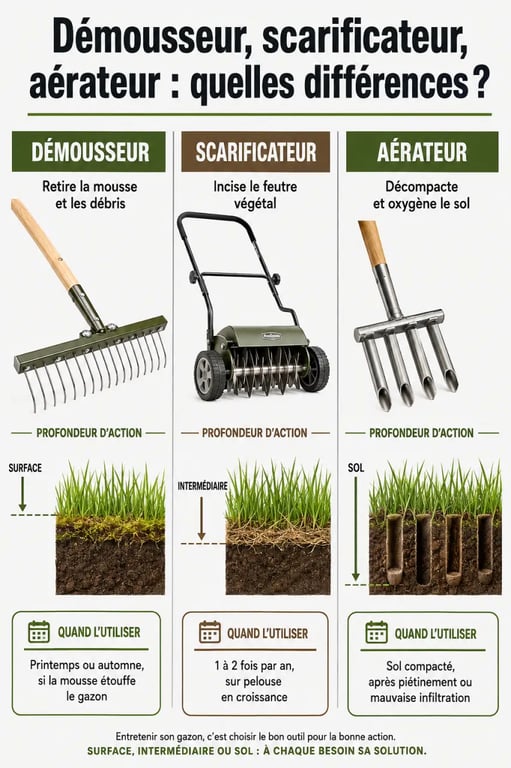 Infographie démousseur pelouse comparant démousseur, scarificateur et aérateur