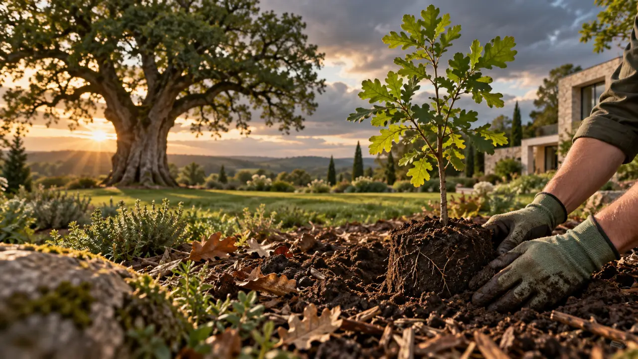 Jeune chêne planté dans un jardin paysager au sol préservé