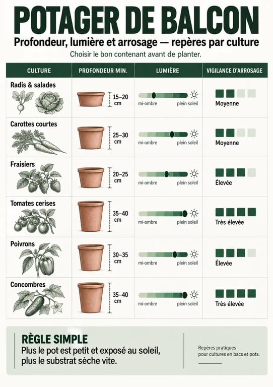 Infographie des profondeurs de pots et besoins des cultures pour un potager balcon