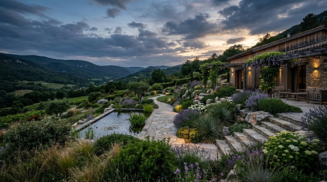 Terrasse et parc privé aménagés, avec une perspective sur les arbres et la lumière naturelle.
