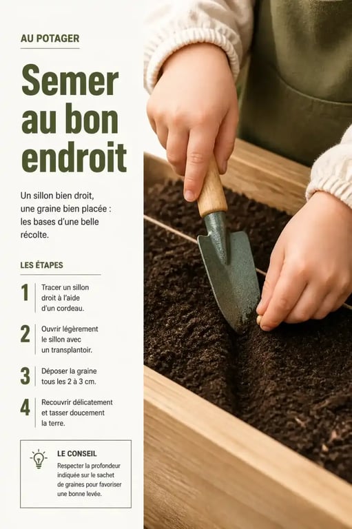 Enfant utilisant un transplantoir pour planter des graines dans une jardinière