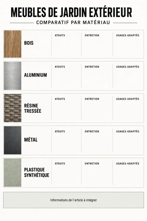 Graphique comparatif des matériaux pour choisir des meubles de jardin extérieur