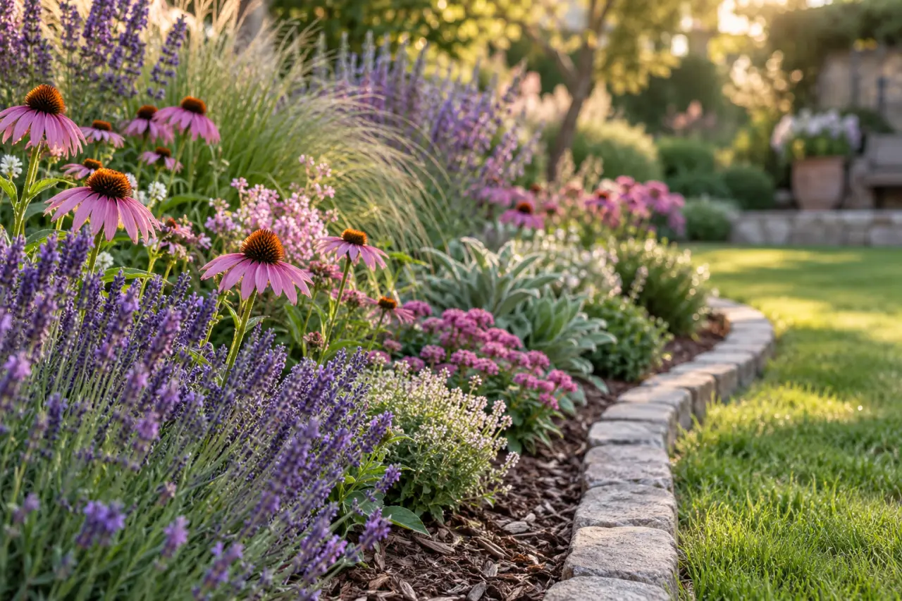 Un parterre de fleurs structure le jardin, du tracé aux plantes adaptées
