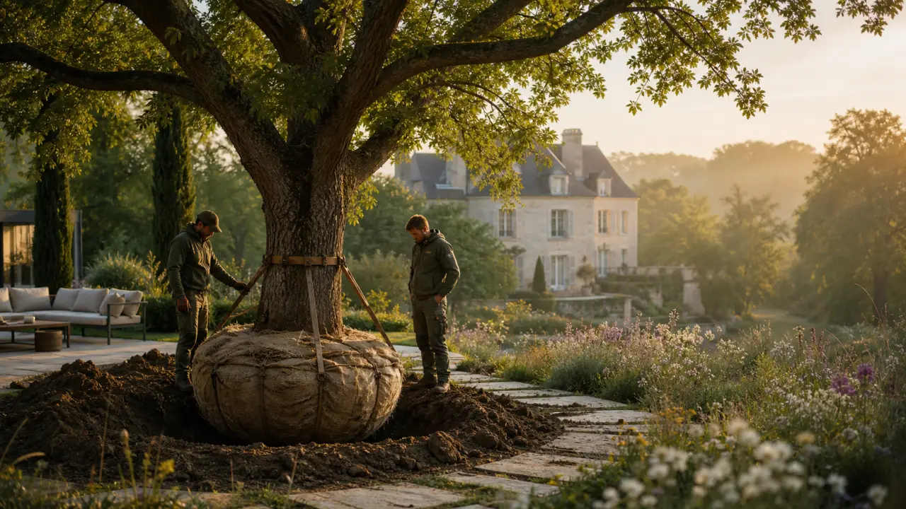 Grand chêne centenaire dans un jardin paysager au lever du soleil