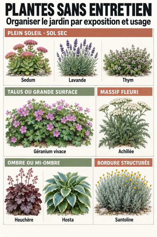 Infographie des plantes sans entretien extérieur selon l’exposition et la zone du jardin
