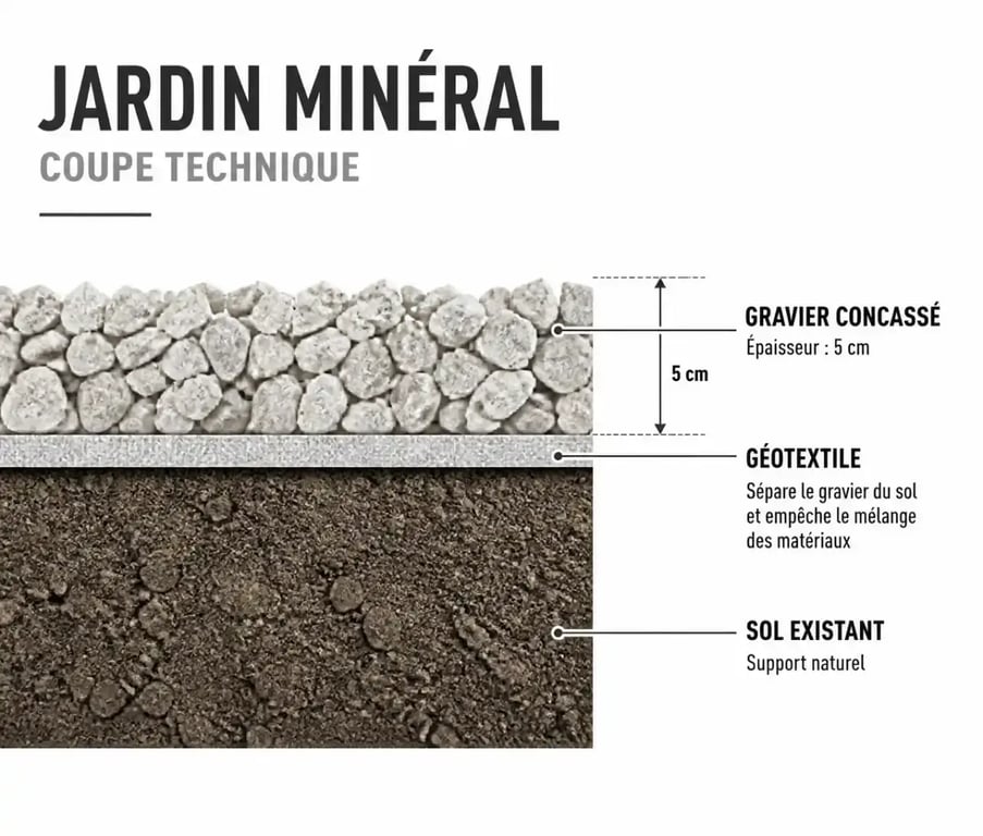 Schéma en coupe d'un jardin minéral sans entretien