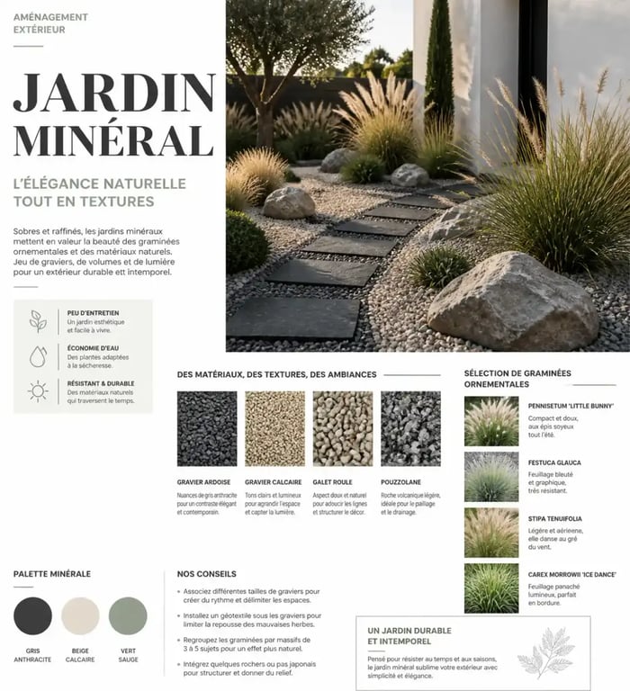 Jardin minéral sans entretien avec graminées et graviers