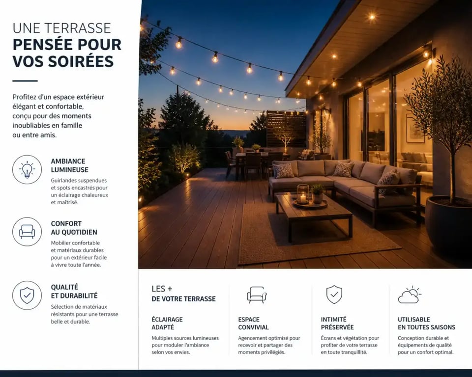 Éclairage extérieur pour terrasse devant maison.